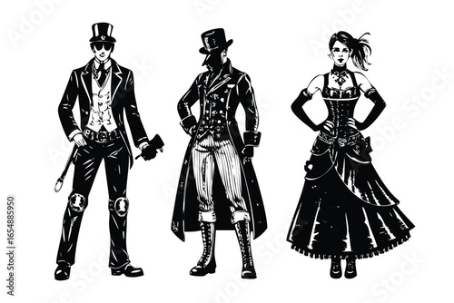 Steampunk Fashion Vector Set - Victorian & Industrial Style Engraved Illustrations