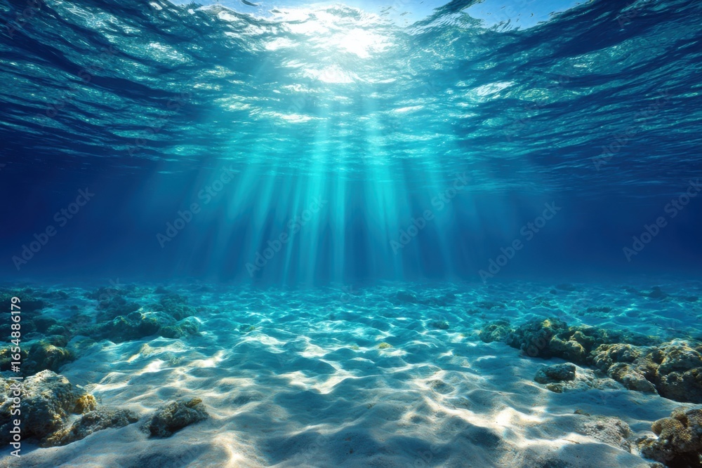 Fototapeta premium Underwater scene with sun rays shining through water surface in tropical ocean paradise from low angle