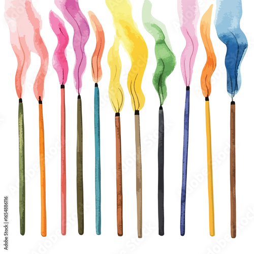 Watercolor Illustration of Ten Burning Matches with Colorful Smoke Trails
