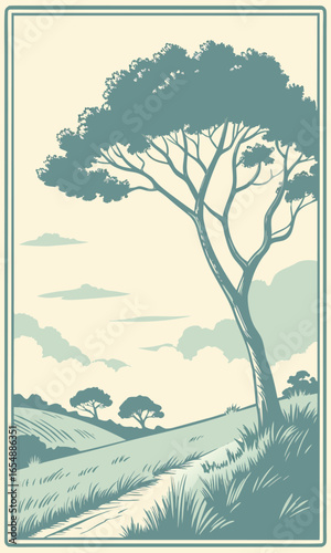 Artistic flat landscape with a cypress tree, rendered in pastel sky blue, pale terracotta, and light silver, with halftone texture for retro travel appeal