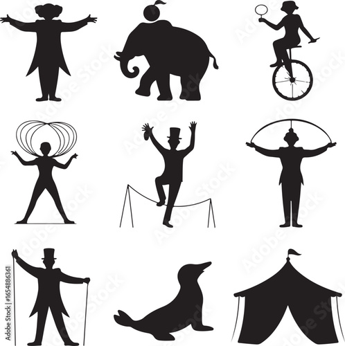 Black silhouette icons of circus performers elephant unicycle seal and tent vector illustration