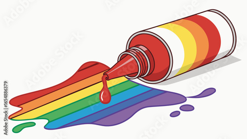 Rainbow paint tube spilling a colorful stream of paint in a spectrum of colors on white surface