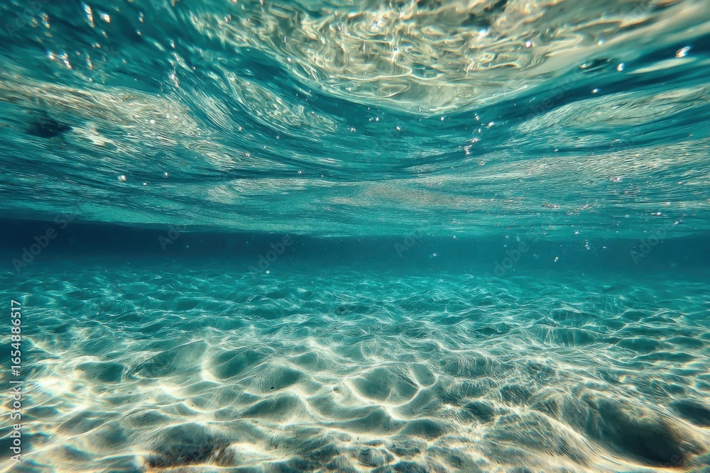 Fototapeta premium Underwater View of Turquoise Ocean Water with Sunlight Reflections on Sand Bottom in Tropical Paradise