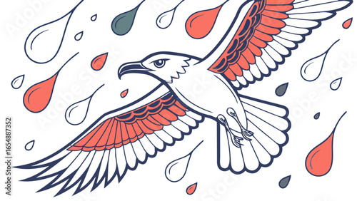 Illustration of a stylized eagle in flight surrounded by teardrop shapes in various colors
