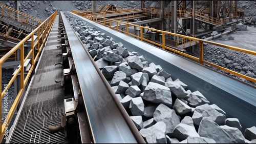Rare earth minerals industry. Extraction renewable. Elements mining energy. Conveyor belt transporting rocks in an industrial setting