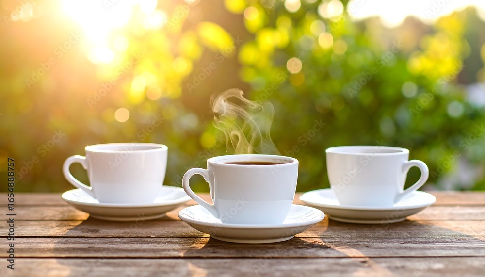 Obraz premium Three coffee cups on a wooden table outdoors