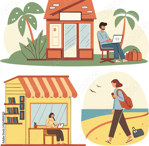Remote Work & Coastal Lifestyle Digital Nomads Enjoying Beachside Productivity