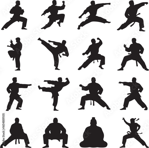 Karateka Silhouettes In Various Martial Arts Poses fighter athlete