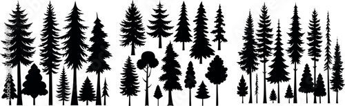 Collection of various tree silhouettes black and white