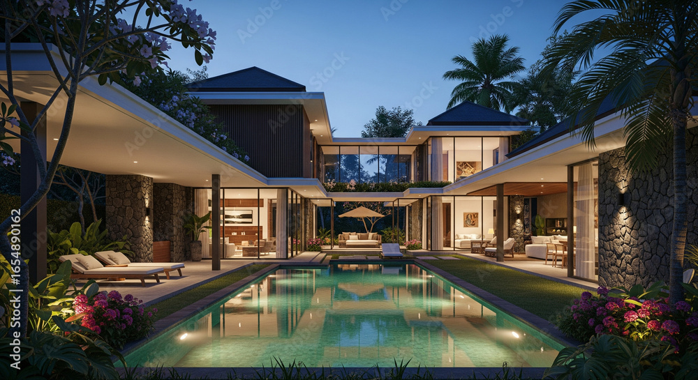 Fototapeta premium Luxurious tropical villa with a large rectangular pool and modern architecture at dusk.