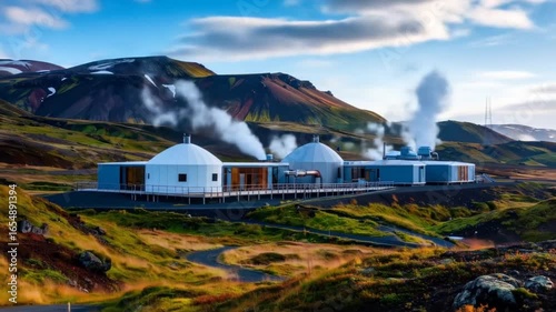 Geothermal Power Plant in Iceland: Clean Energy Landscape with Mountain Views
