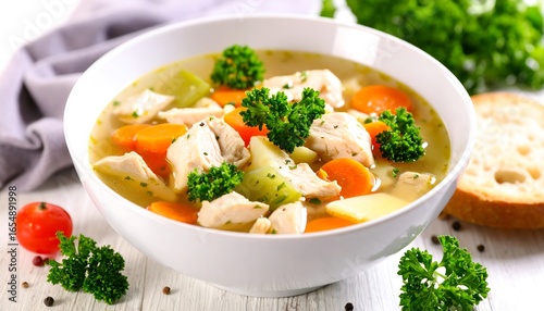 A bowl of hearty chicken vegetable soup, featuring chunks of chicken, carrots, and potatoes, is presented in a white bowl, garnished with fresh parsley, and complemented by a slice of crusty bread.
