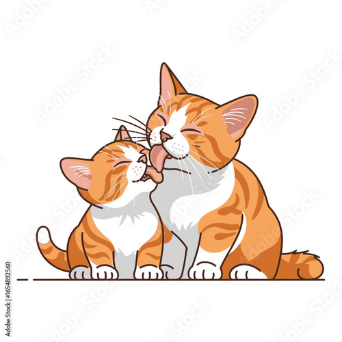 Two ginger and white kittens, one licking the other, in a cute, stylized illustration.