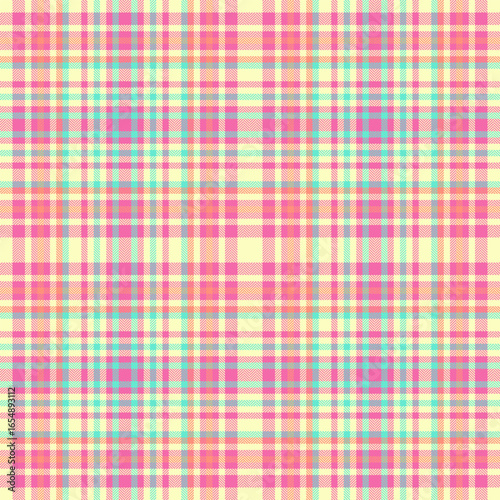 Vibrant plaid pattern with pastel hues, creates a cheerful, seamless texture. Great for backgrounds, fabrics,  designs needing a soft, colorful touch.