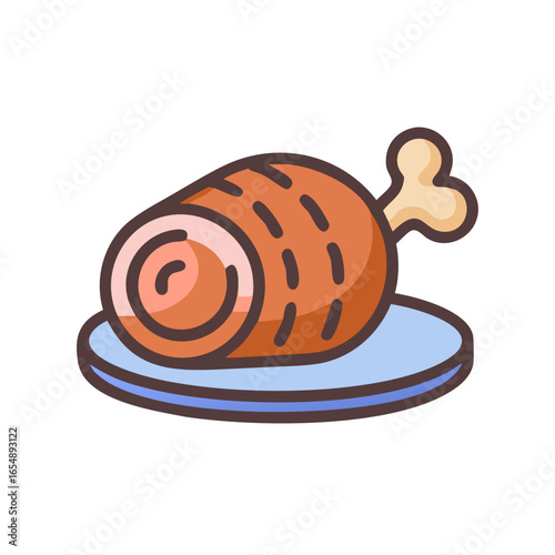 Cartoon style ham hock on plate, dark background
