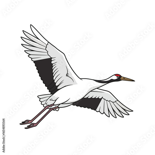 A crane bird with red head and black wingtips gracefully soaring through the air.