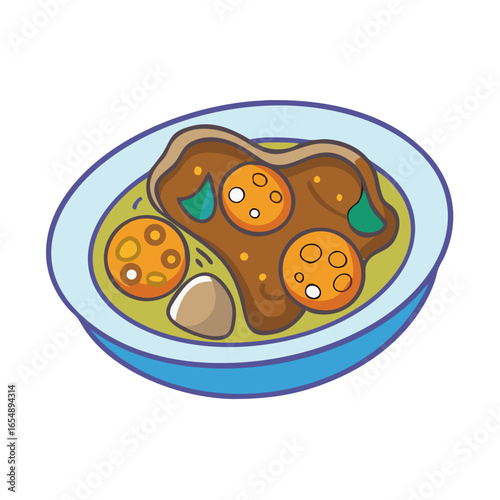 Cartoonish depiction of chicken and egg dish with gravy