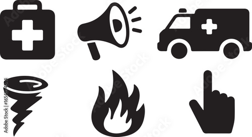 Emergency response icons set, black and white.