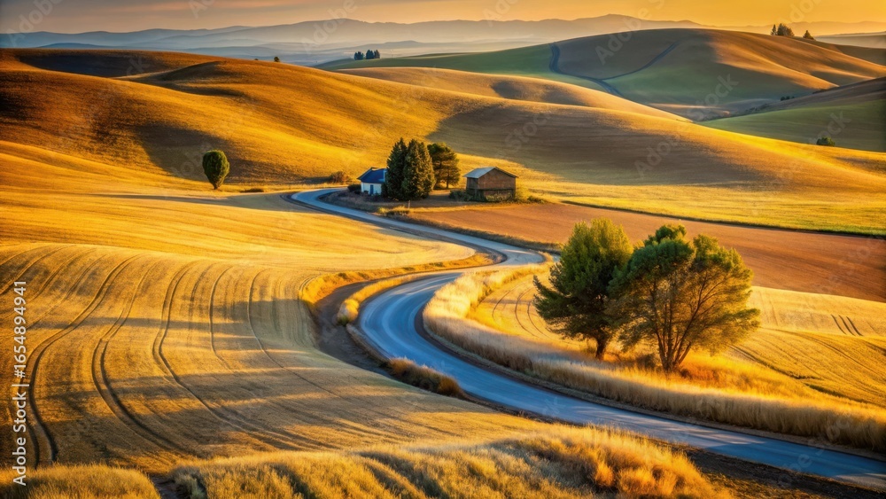 Fototapeta premium Serene Countryside Road Winding Through Golden Fields at Sunset, Past Humble Farm Structures and Solitary Trees