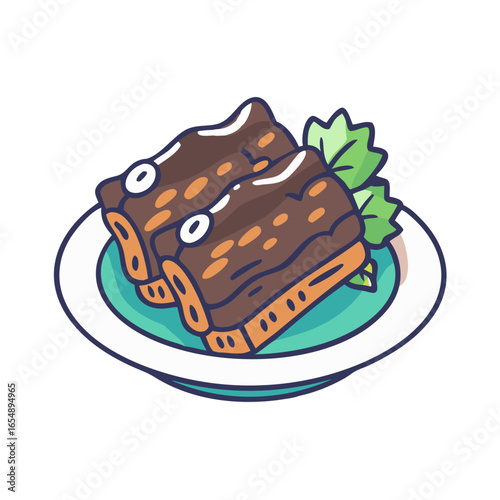 Stylized cartoon image of braised pork belly on plate