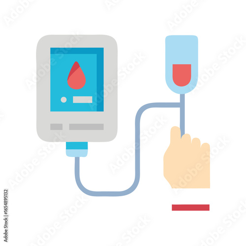 Flat illustration of blood transfusion process with human hand