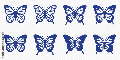 Vector set of nine black silhouette illustrations of butterflies in various wing positions, including open and fluttering. Represents nature, insects, beauty, and simple graphic elements.