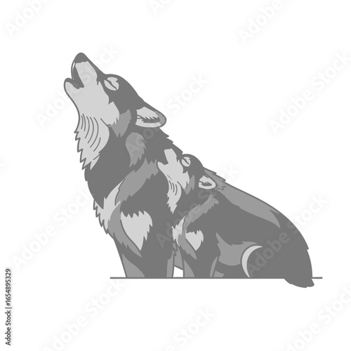 Two wolves, one howling, depicted in a grayscale illustration, against a white background.