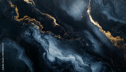 A painting of a blue and gold swirl. The blue is dark and the gold is bright