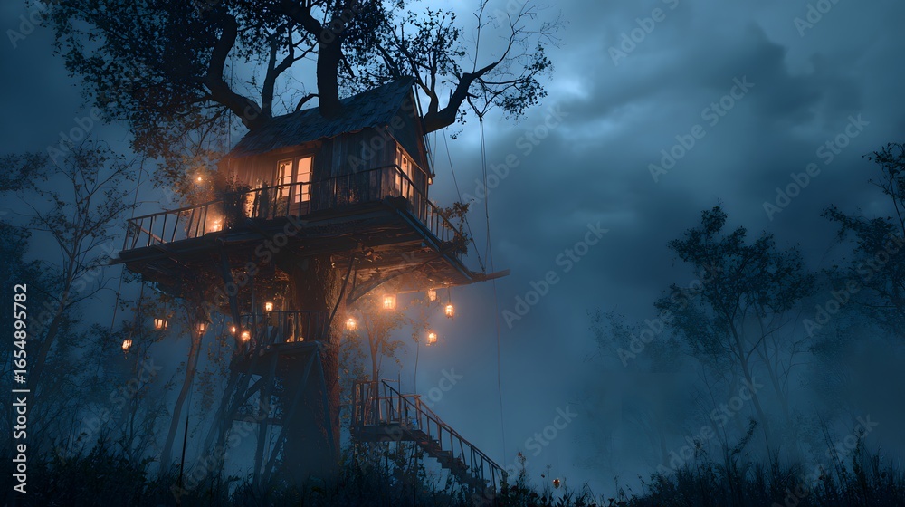 Obraz premium Whimsical treehouse glows amidst a dense forest. Fairy lights illuminate a cozy scene under cloudy skies.