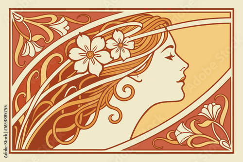 Art nouveau woman profile with flowers and flowing hair