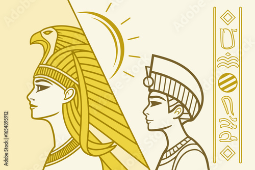 Ancient egyptian pharaoh and queen with hieroglyphs and sun symbol