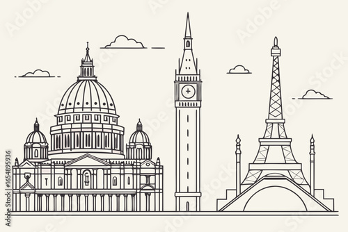 Iconic european landmarks skyline illustration