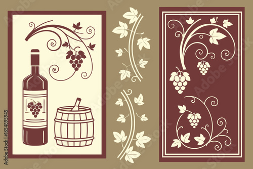 Vintage wine bottle barrel and grapevine decorative design