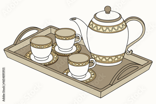 A white teapot and three cups with saucers on a tray