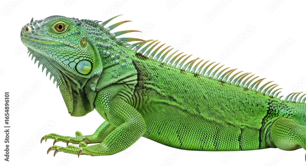 Fototapeta premium A captivating close up of a vibrant green iguana reptile basking in the sunlight on a black background on transparent background