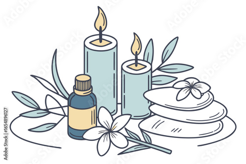Calming spa elements with candles essential oil stones and flowers
