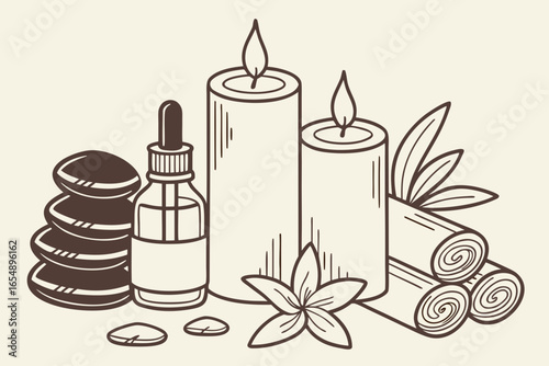 Spa and wellness elements with candles essential oil and hot stones