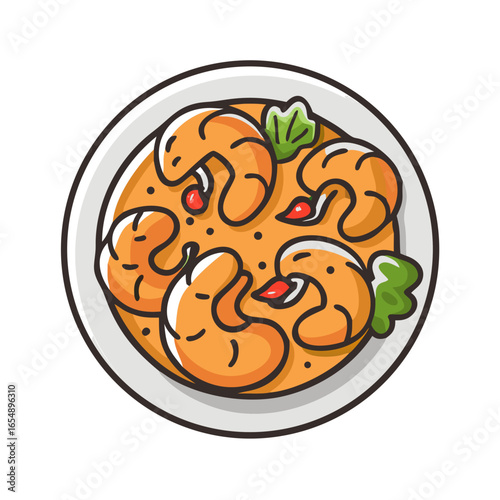 Stylized cartoon prawns in a yellow sauce on plate