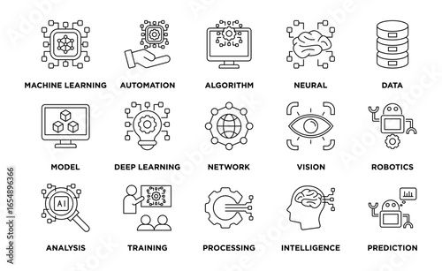 Artificial Intelligence icon collection set. Containing machine learning, automation, algorithm, neural, data, model, deep learning, network, vision, robotics and other icon. Simple line vector