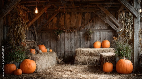Autumn's rustic charm: Pumpkins and hay bales in a vintage barn setting, lit by a warm, inviting glow.