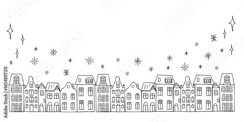 Winter old street with houses in Amsterdam style and falling snowflakes vector frame painted by black inks. Christmas European buildings graphic sketch. Horizontal border with empty space for text