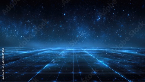 Futuristic, digital grid landscape under a starry night sky