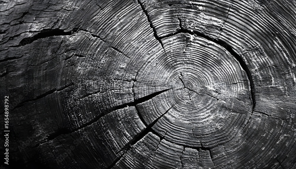 Fototapeta premium A close up of a tree trunk with a large hole in the center. The trunk is black and white, and the hole is surrounded by a dark circle. The photo captures the intricate details of the tree trunk
