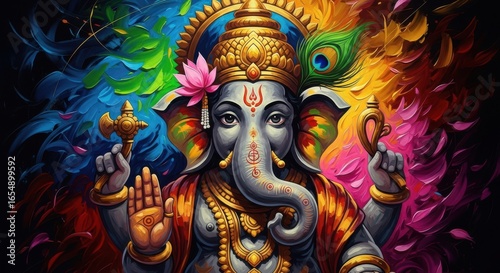 Vibrant Lord Ganesha adorned with peacock feather and colorful aura