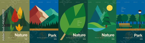 Park and nature. Abstract modern geometric vector illustrations of landscape, trees, mountains, bench, leaf, lantern and scenery for travel poster, outdoor activities, background and cover