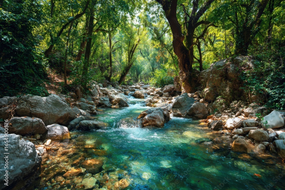 Naklejka premium Serene river flows through lush green forest landscape in summer nature scene with rocks and trees