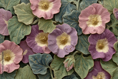 Wallpaper Mural A detailed, decorative design showcases multiple, layered flowers and leaves in a palette of muted pinks, purples, and greens. Torontodigital.ca