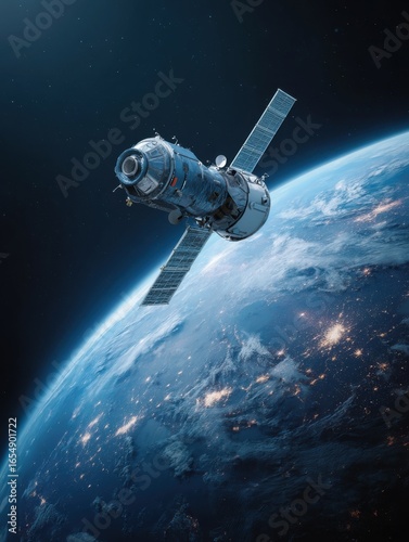 Wallpaper Mural Satellite orbiting Earth from space station perspective showing planet surface and city lights in dark blue atmosphere Torontodigital.ca