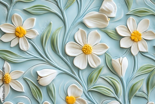 A light blue background showcases a repeating pattern of sculpted white flowers and leaves, creating a delicate and elegant floral design.