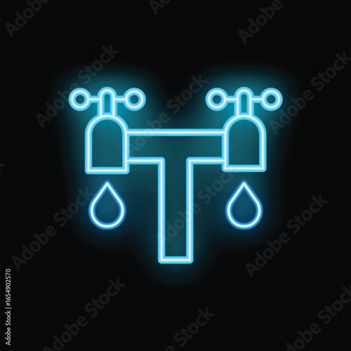 Glowing blue neon icon of a water tap leaking water drops on a black background